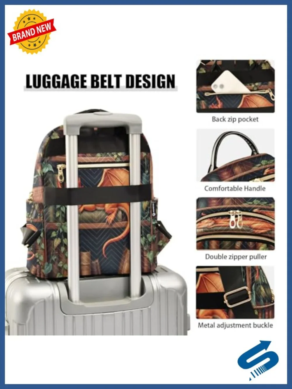 Dragon Bookshelf Print Mini Backpack Polyester Travel Daypack 14L